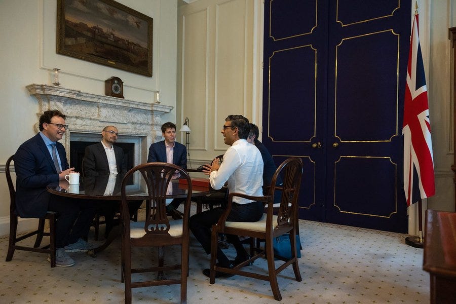 The Prime Minister Rishi Sunak meets with Demis Hassabis, CEO DeepMind, Dario Amodei, CEO Anthropic, and Sam Altman, CEO OpenAI, in 10 Downing