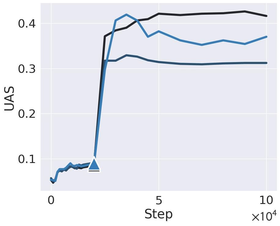 A plot with "Step" on the x-axis and "UAS" on the y-axis. There are three lines corresponding to three seeds of BERT-Base, all of which spike abruptly around 20K steps. Triangles mark the point on each line at which the UAS begins to spike.