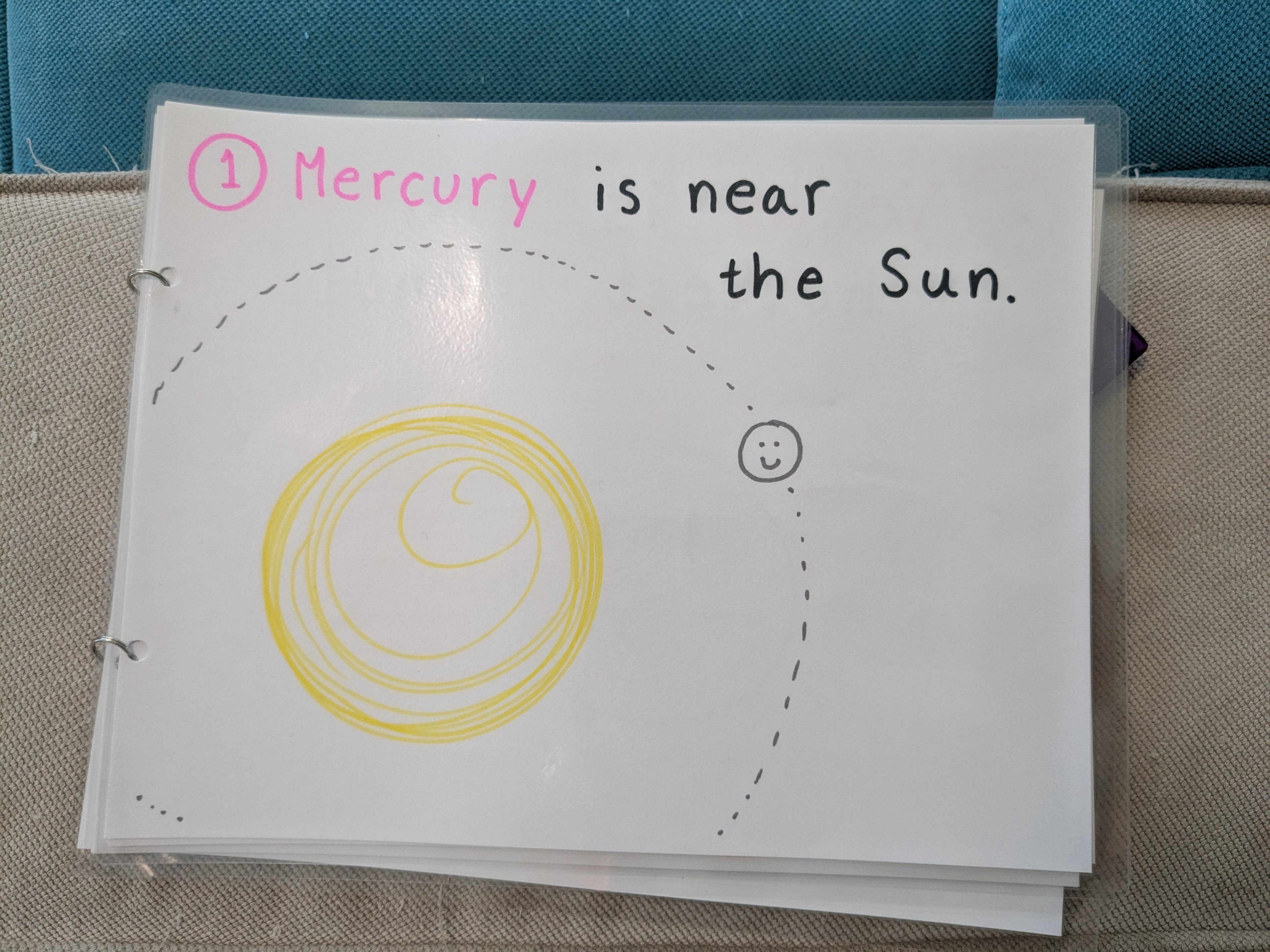 piece of paper reading "Mercury is near the sun" with a diagram