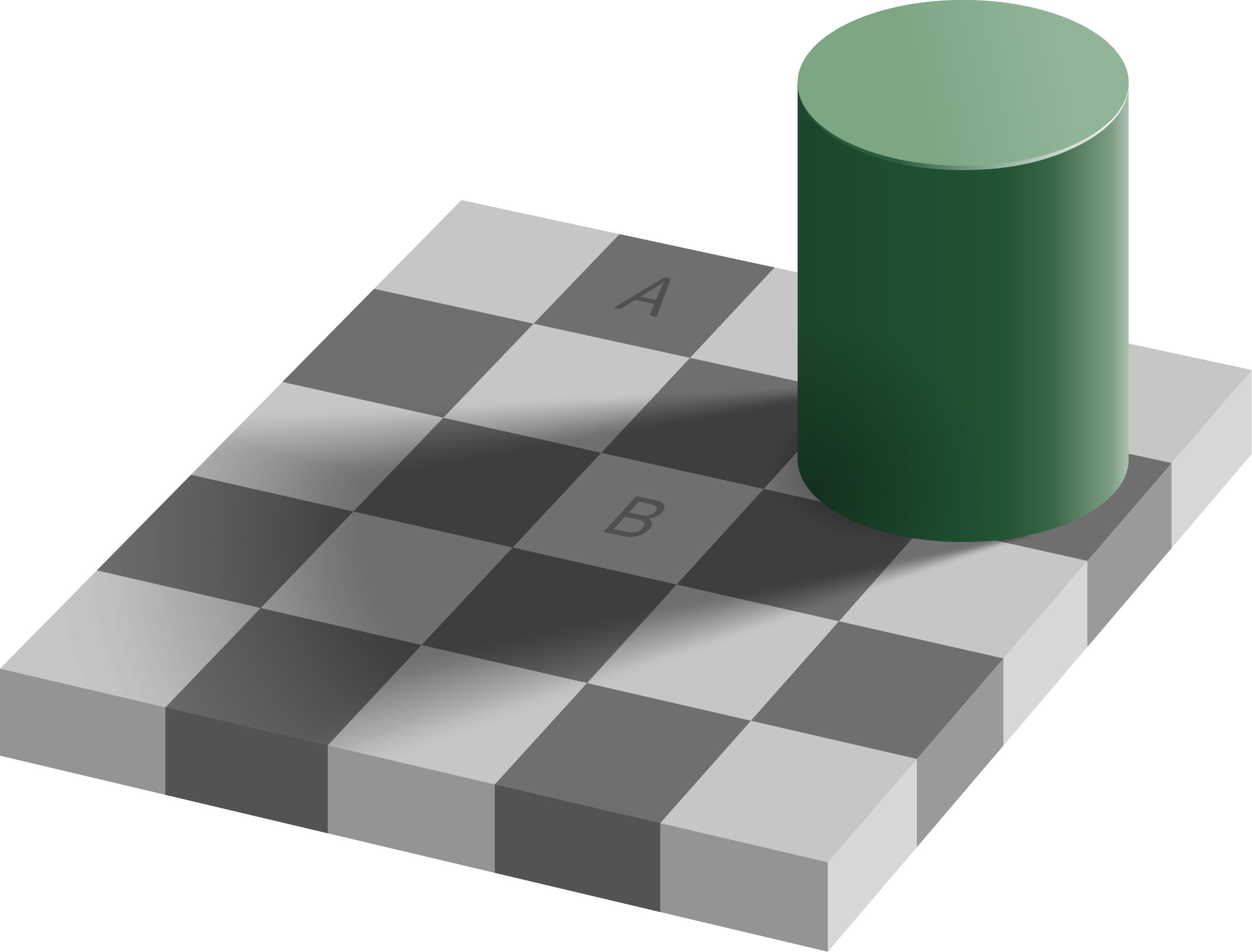 The checker shadow illusion. Although square A appears a darker shade of gray than square B, in the image the two have exactly the same luminance.