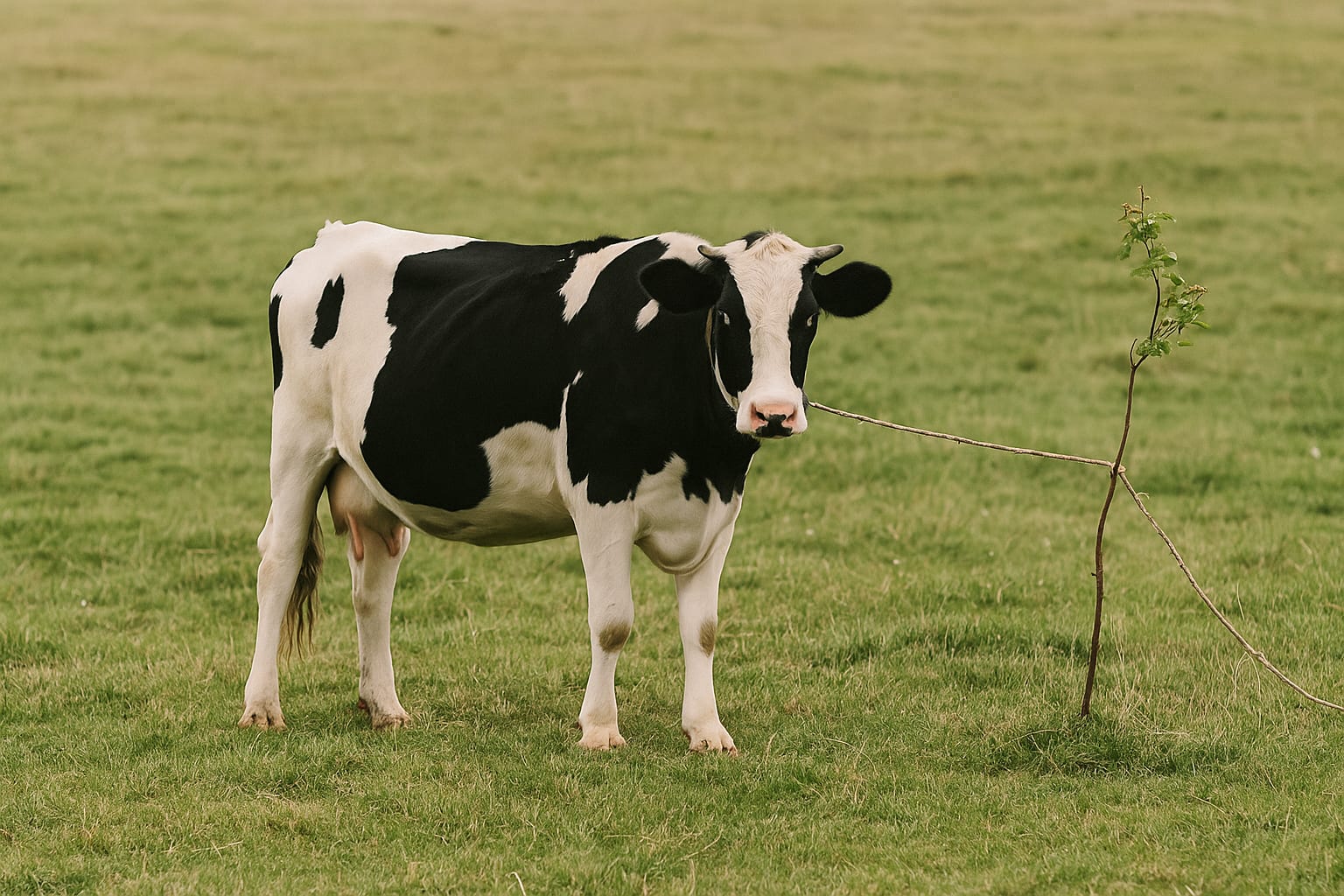 A picture of an indecisive cow that is attached to a tiny tree with a thin rope. The cow should be easily able to escape the tree, but appears to not believe in its ability to do so.