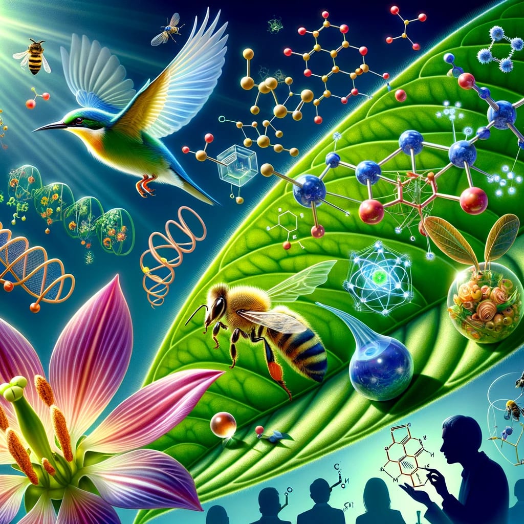 Illustration: A magnified view of a vibrant green leaf, where molecular structures and biological nanomachines are visible. Hovering nearby, a bird