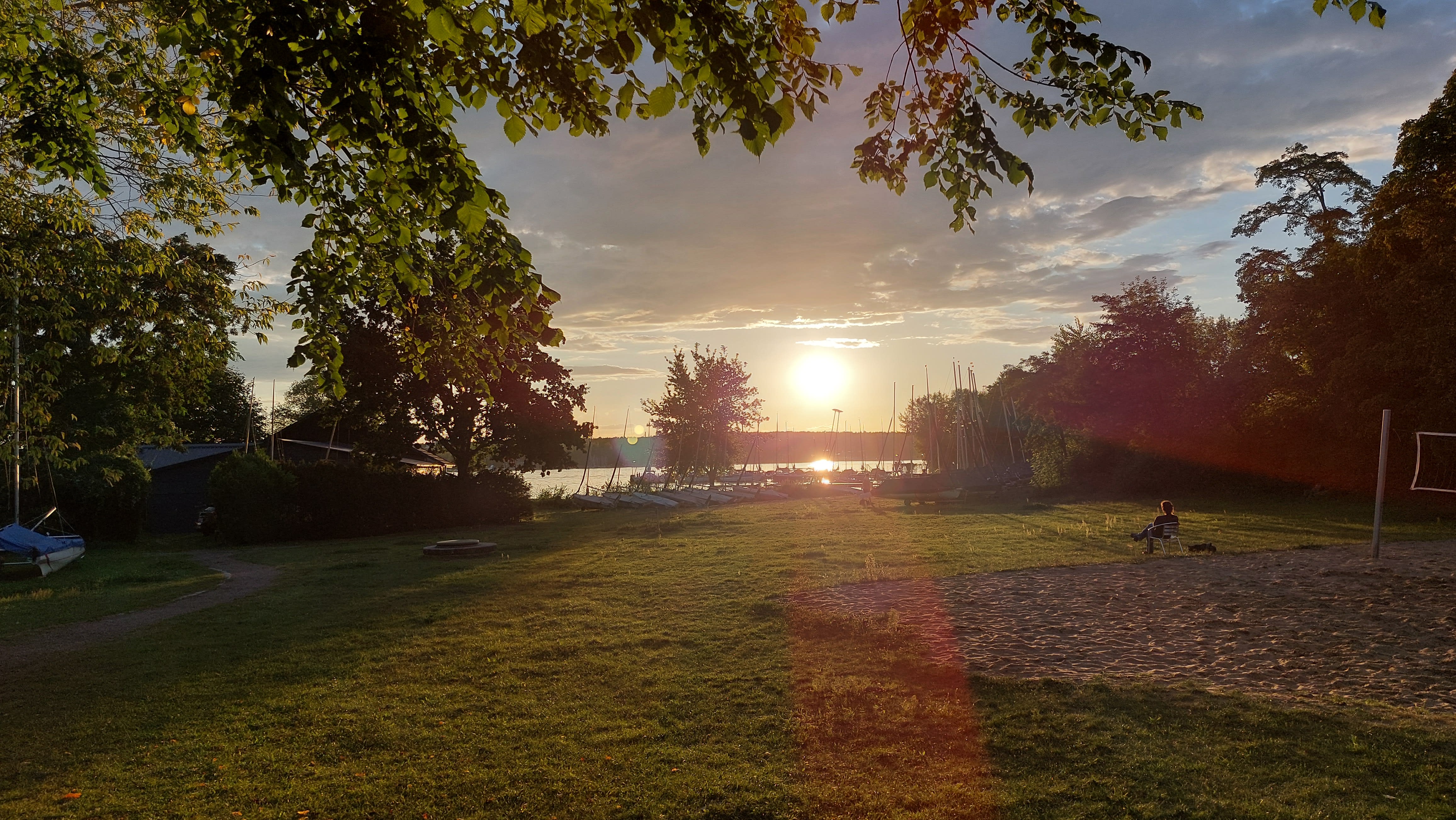 sunset over the hostel's marina