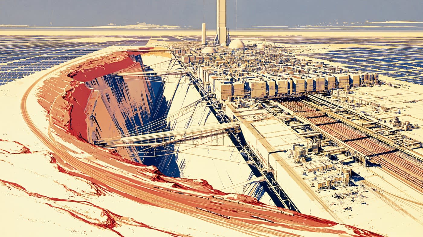 An industrial special economic zone: a vast desert factory-and-strip-mine complex