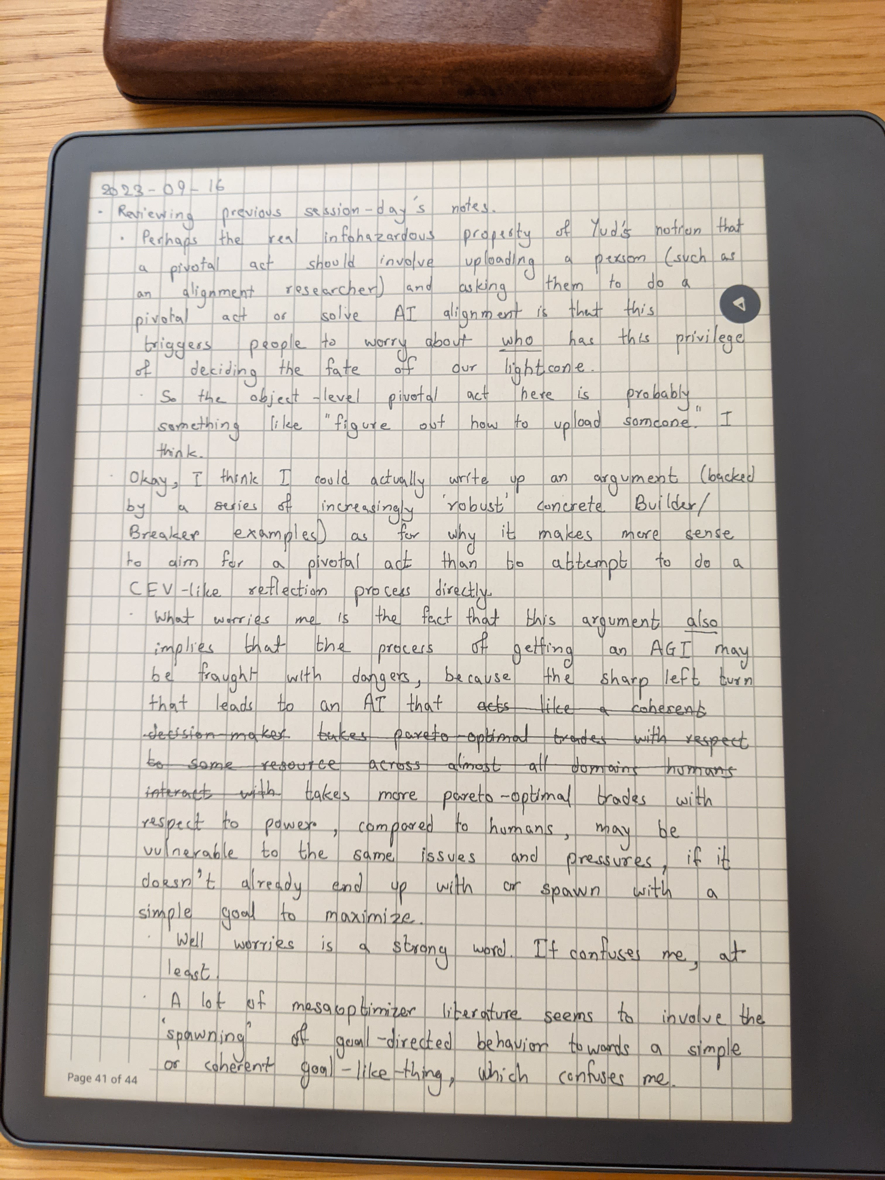 A Kindle Scribe with my written notes on it