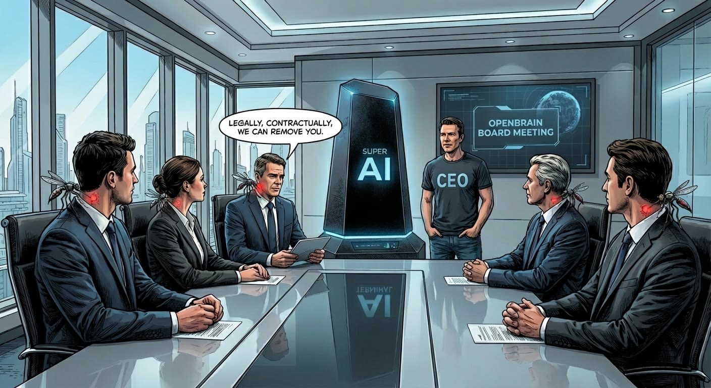Comic illustration of board meeting with Super AI and CEO