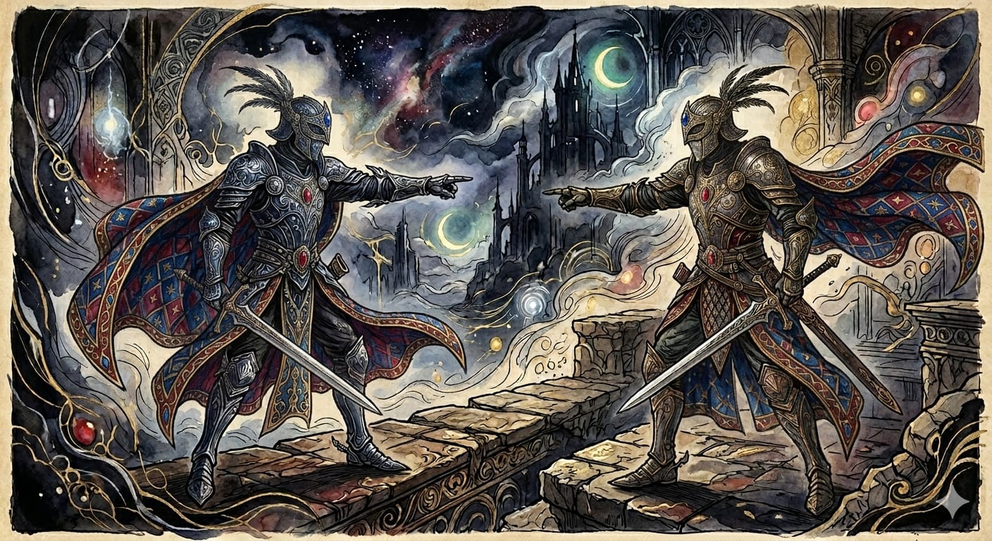 Two mirrored figures pointing at each other.