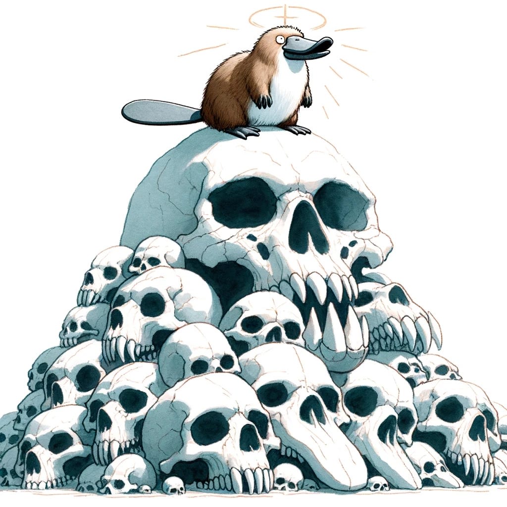 In a simple aquarelle style, this image captures a platypus perched at the top of a gigantic mountain made of stylized animal skulls. The scene is rendered in a comedic, hilarious manner, with the platypus emanating a holy glow, adding a whimsical and surreal touch. The drawing style is simple and straightforward, emphasizing the absurdity and humor of the situation. The light-hearted take on this imaginative scenario, combined with the soft aquarelle textures, creates a visually appealing and amusing image.