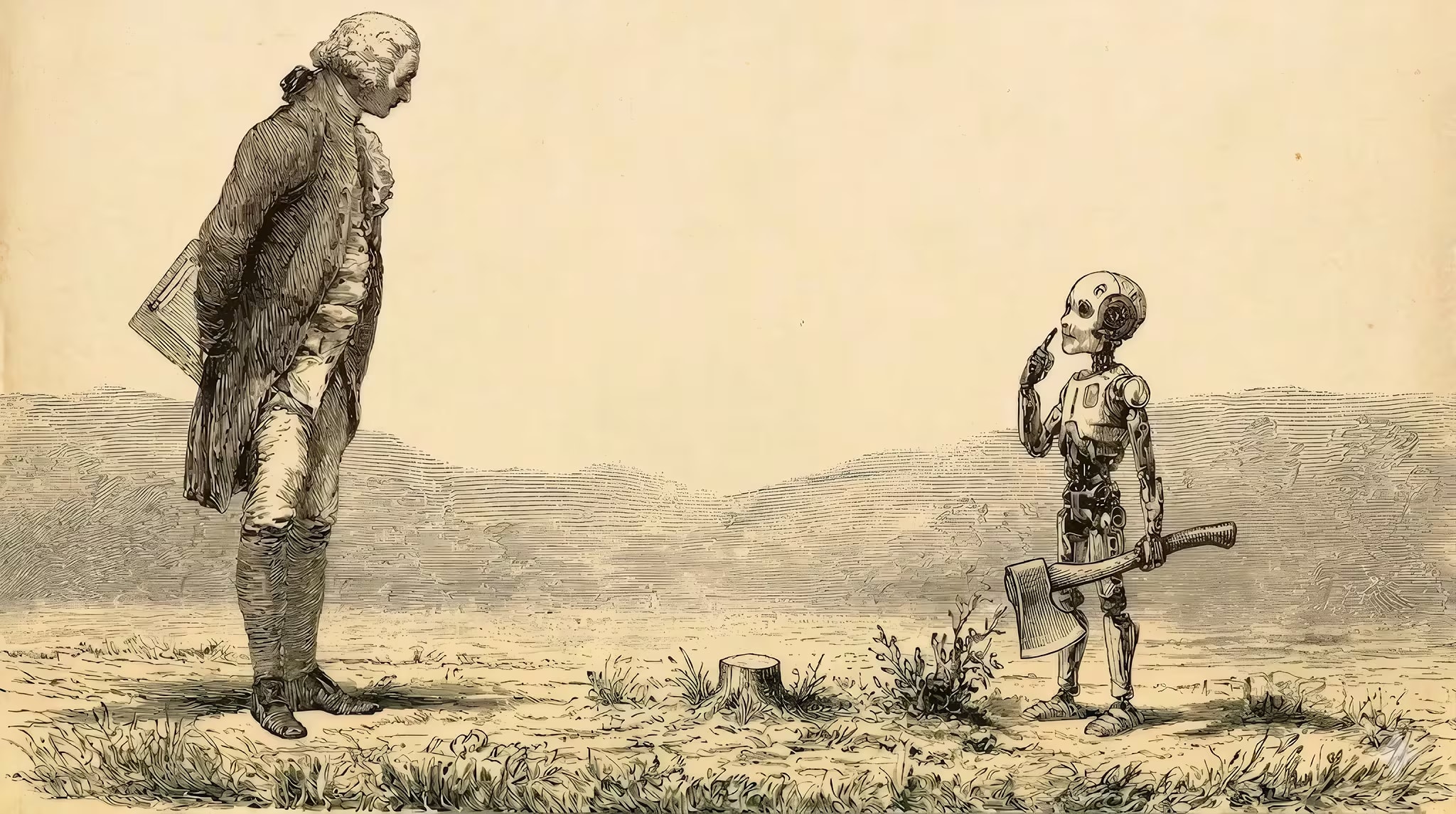 19th-century engraving of a small robot holding a hatchet beside a tree stump, pointing to itself while a gentleman with a clipboard looks on.