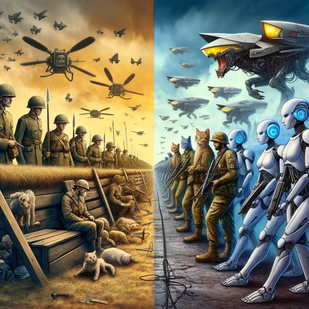 Create a split battlefield scene to clearly differentiate the two sides. On the left, depict aged soldiers, their faces and uniforms showing the wear of time, standing in a defensive posture with outdated weaponry. Their side of the battlefield is marked by trenches and makeshift barricades, emphasizing a low-tech, human resilience against overwhelming odds. On the right, illustrate a futuristic force comprising hyper-advanced drones swarming in the sky and humanoid figures with feline features, indicating a blend of high technology and speculative bioengineering. These cat-like humanoids are equipped with cutting-edge weaponry, standing alongside the drones, ready to launch an assault. This clear left-to-right division visually contrasts the stark technological disparity between the two factions, highlighting the imminent clash of eras.