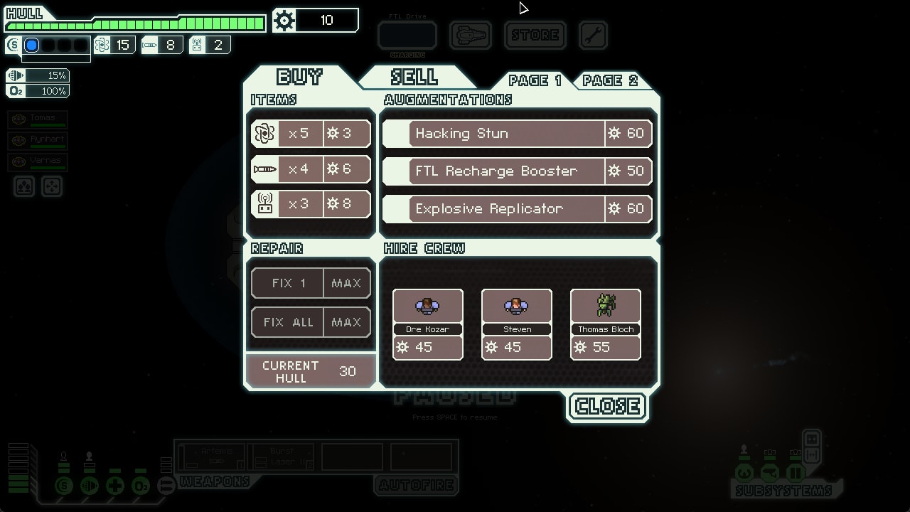 An image of FTL, the game. Specifically, the store menu is open, while the ship has 10 scrap. See GPT-4o's transcript on for more