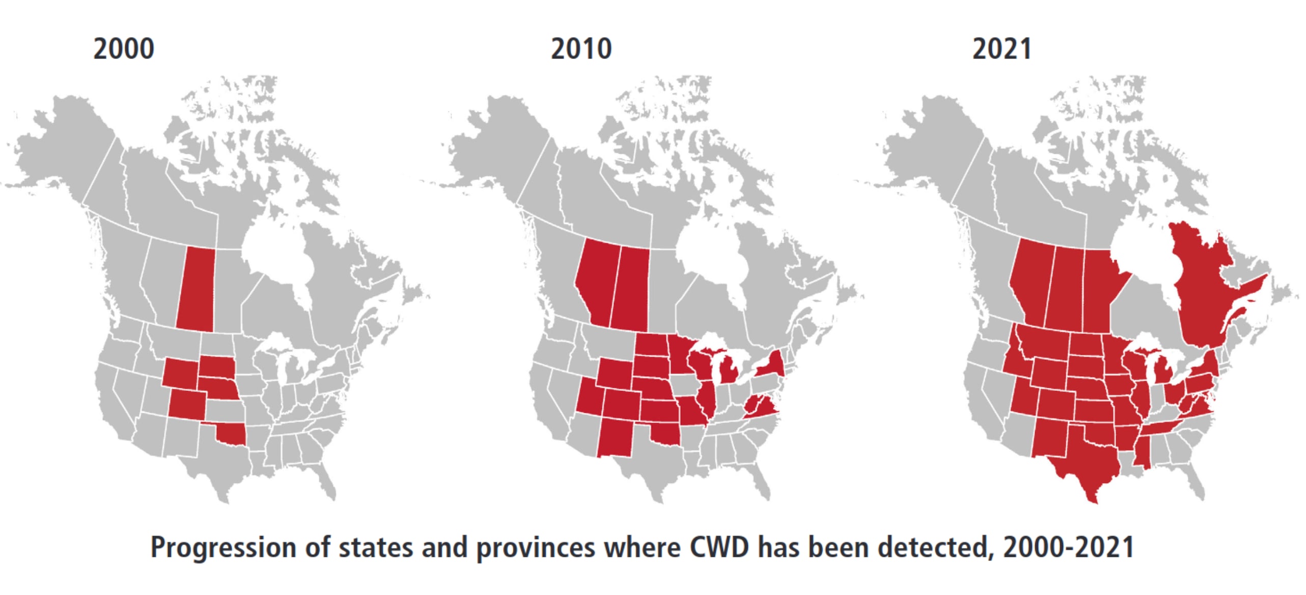 Maps of north America from 2000 to 2021 show the geographic progression of where Chronic Wasting Disease has been detected, starting in a few central states and spreading to much of the interior and east coast of the continent.