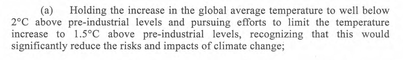 Holding the increase in the global average temperature to well below 2°C above pre-industrial levels and pursuing efforts to limit the temperature increase to 1.5°C above pre-industrial levels, recognizing that this would significantly reduce the risks and impacts of climate change;