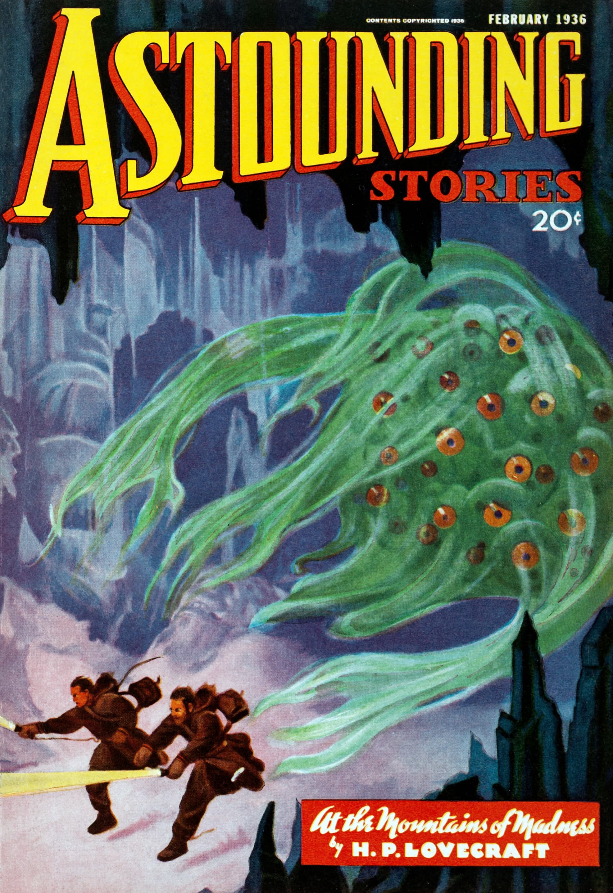 Astounding Stories - February 1936 (Street & Smith) - "At the Mountains of Madness" by H. P. Lovecraft. Artist Howard V. Brown, 1936 