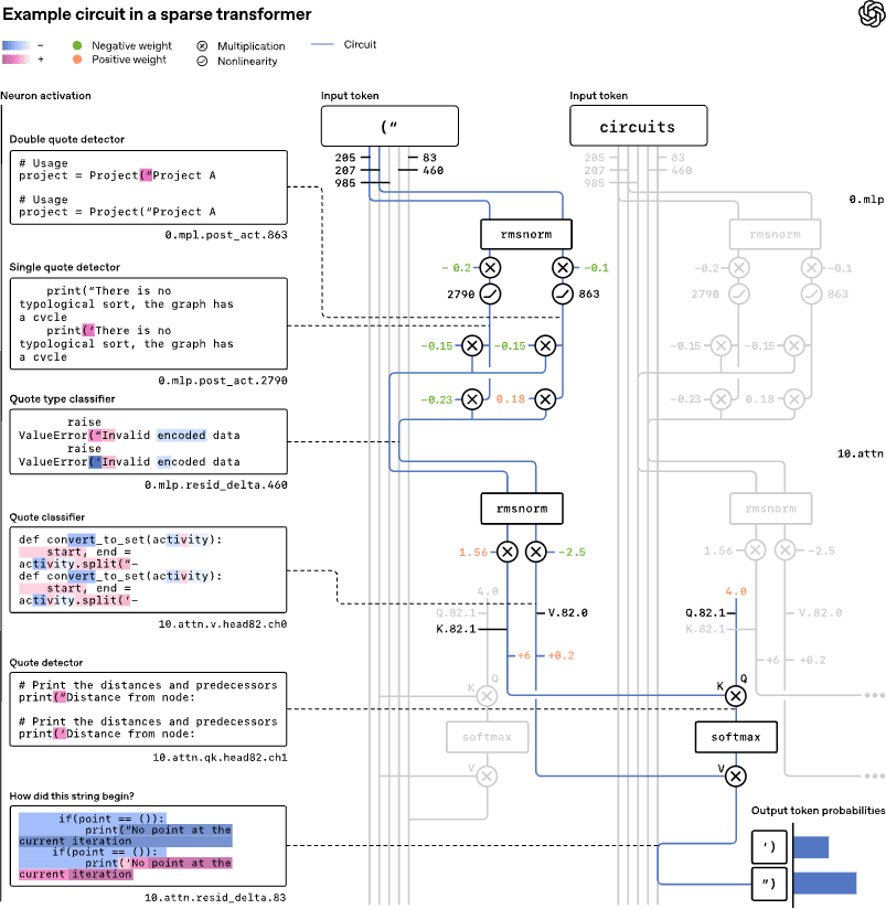 Diagram illustrating an example circuit in a sparse transformer. It shows how specific neurons and attention heads activate in response to input tokens like “(” and “circuits,” with labeled pathways for positive and negative weights, multiplications, nonlinearities, and connections between MLP and attention layers, culminating in output token probabilities.