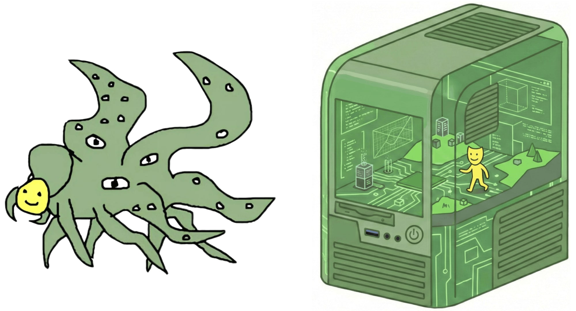 Figure 1: Opposing views of PSM exhaustiveness. The masked shoggoth (left) depicts the idea that the LLM (the shoggoth) has its own agency beyond plausible text generation. It playacts the Assistant persona, but only instrumentally for its own inscrutable reasons. (Source.) In contrast, the operating system view (right) views the LLM as being like a simulation engine and the Assistant like a person inside this simulation. The simulation engine does not "puppet" the Assistant for its own ends; it only tries to simulate probable behavior according to its understanding of the Assistant. ((Marks et al. 2026.)