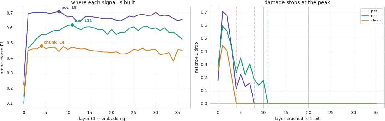 Left: where each signal is built. Right: crushing a layer only hurts before that signal's peak.