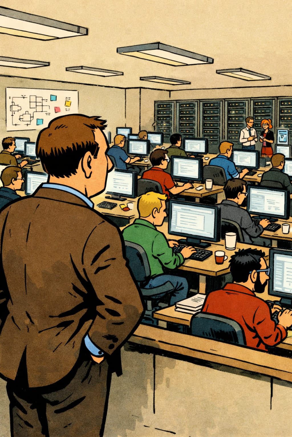A manager watches a group of engineers coding.
